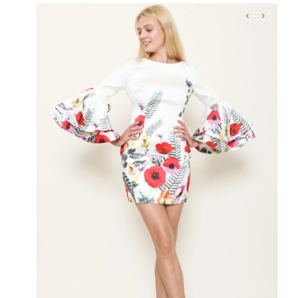 LATISTE White Floral Tiered Bell Sleeve Mini Dress - Picture 2 of 6